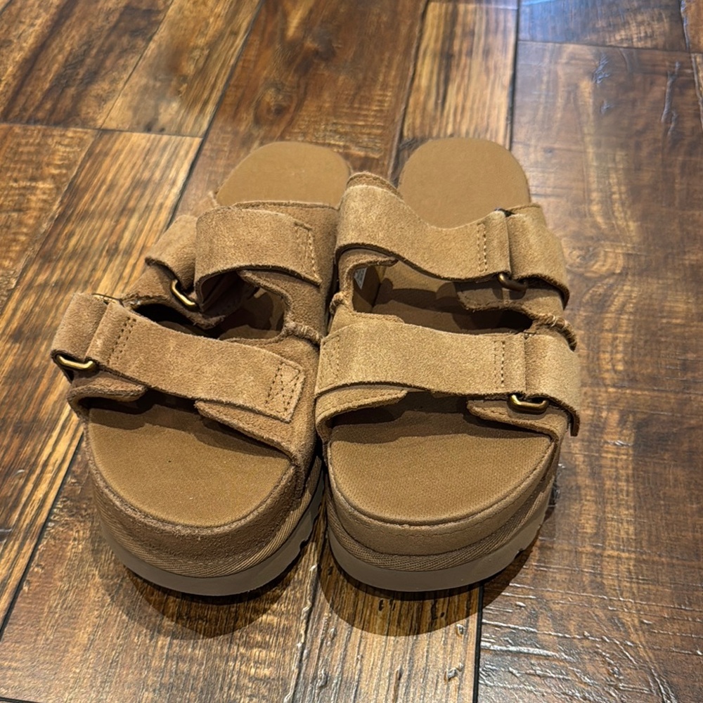 Suede Double-Strap Platform Slide Sandals - Brown
